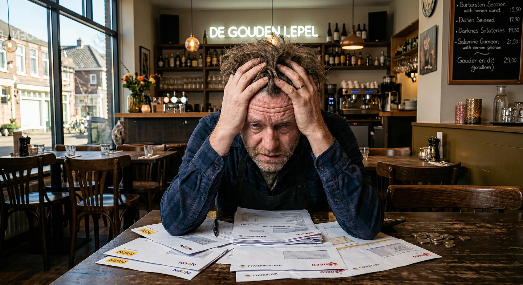 Stressed restaurant owner reviewing utility bills